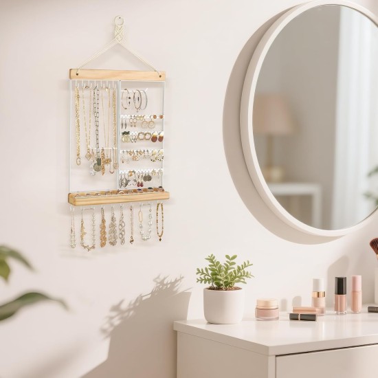 Mkono Hängender Schmuck-Organizer, wandmontierter Ohrringhalter, Halskettenhalter aus Metall, Holzregal mit 55 Löchern und 7 Haken, Präsentationsständer zur Aufbewahrung von Armbändern, Ringen, Ohrsteckern, Zubehör, Damenschlafzimmerdekoration