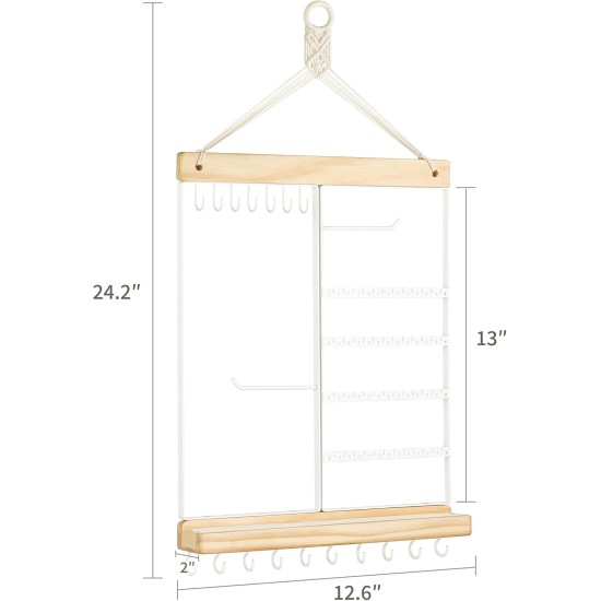 Mkono Hängender Schmuck-Organizer, wandmontierter Ohrringhalter, Halskettenhalter aus Metall, Holzregal mit 55 Löchern und 7 Haken, Präsentationsständer zur Aufbewahrung von Armbändern, Ringen, Ohrsteckern, Zubehör, Damenschlafzimmerdekoration