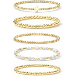 Goldarmbänder für Damenschmuck – Osterkörbchen, Kreuz-/Perlen-/Perlenarmbänder-Set, zierliche 14-Karat-vergoldete Perlenarmbänder im Stapel, Geburtstags-Ostergeschenke für Frauen