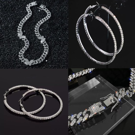 Kubanische Kette „Butterfly Miami Hip-Hop“, Strass-Schmetterlings-Halskette, Armband, Ohrringe, Schmuckset für Damen