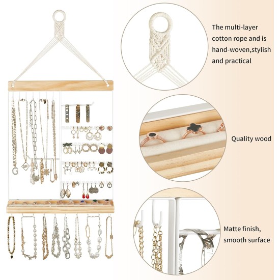 Mkono Hängender Schmuck-Organizer, wandmontierter Ohrringhalter, Halskettenhalter aus Metall, Holzregal mit 55 Löchern und 7 Haken, Präsentationsständer zur Aufbewahrung von Armbändern, Ringen, Ohrsteckern, Zubehör, Damenschlafzimmerdekoration