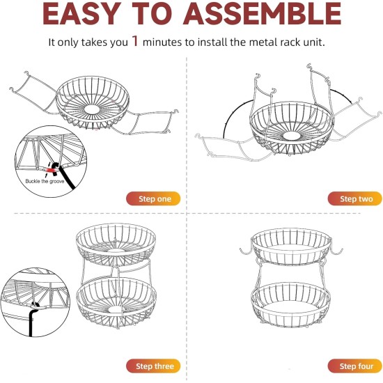 2-stöckiger großer Obstkorb für die Küchentheke mit 2 Bananenaufhängern, stapelbare Obstschale aus Metall für die Küchentheke für Brot, Gemüse, Obst, Schwarz