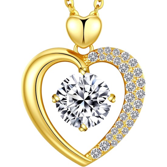 Beam & Bask Moissanit-Herzanhänger-Halsketten für Frauen, mit LIEBE graviert, Sterlingsilber mit 18-karätigem Gold überzogen, Jubiläums- und Geburtstagsschmuck für Ehefrau, Freundin, Mutter oder Sie