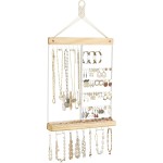 Mkono Hängender Schmuck-Organizer, wandmontierter Ohrringhalter, Halskettenhalter aus Metall, Holzregal mit 55 Löchern und 7 Haken, Präsentationsständer zur Aufbewahrung von Armbändern, Ringen, Ohrsteckern, Zubehör, Damenschlafzimmerdekoration