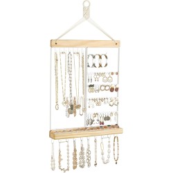 Mkono Hängender Schmuck-Organizer, wandmontierter Ohrringhalter, Halskettenhalter aus Metall, Holzregal mit 55 Löchern und 7 Haken, Präsentationsständer zur Aufbewahrung von Armbändern, Ringen, Ohrsteckern, Zubehör, Damenschlafzimmerdekoration