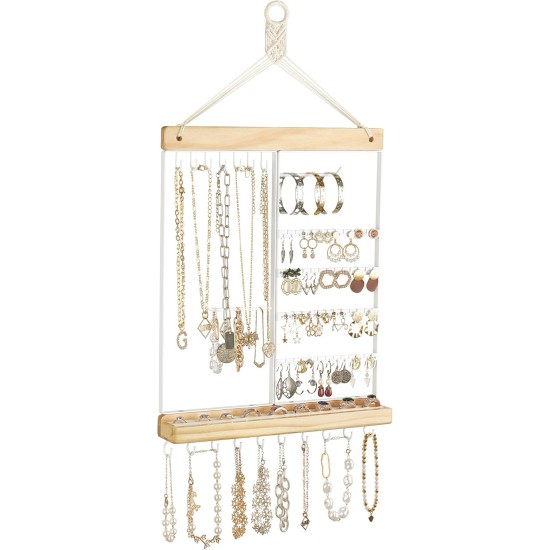 Mkono Hängender Schmuck-Organizer, wandmontierter Ohrringhalter, Halskettenhalter aus Metall, Holzregal mit 55 Löchern und 7 Haken, Präsentationsständer zur Aufbewahrung von Armbändern, Ringen, Ohrsteckern, Zubehör, Damenschlafzimmerdekoration