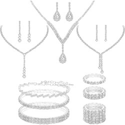 NEWITIN 15-teiliges Silber-Schmuckset für Damen, Abschlussball, Kostüm, Juwelen, Strass-Kristall-Halsketten, Tennis-Armbänder, Ringe, Ohrringe, Brautschmuck, Hochzeit, Schmuck-Sets für Bräute, Brautjungfern