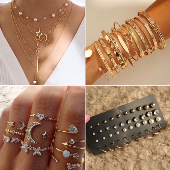 46-teiliges Goldschmuckset für Damen mit 5 Halsketten, 12 Armbändern, 5 Creolen, 15 Ohrsteckern und 9 Ringen. Schmuckset als Geschenk für Damen. 46-teiliges Goldschmuckset für Damen mit 5 Halsketten, 12 Armbändern, 5 Creolen, 15 Ohrsteckern und 9 Ringen. Schmuckset als Geschenk für Damen.