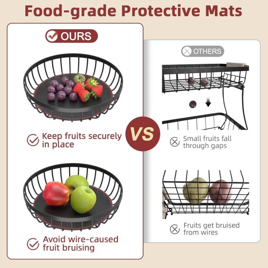 2-stöckiger großer Obstkorb für die Küchentheke mit 2 Bananenaufhängern, stapelbare Obstschale aus Metall für die Küchentheke für Brot, Gemüse, Obst, Schwarz