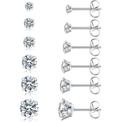 6 Paar Ohrstecker-Set, hypoallergene Zirkonia 316L-Ohrringe, Edelstahl-CZ-Ohrringe 3–8 mm (Stahlfarbe)