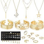 46-teiliges Goldschmuckset für Damen mit 5 Halsketten, 12 Armbändern, 5 Creolen, 15 Ohrsteckern und 9 Ringen. Schmuckset als Geschenk für Damen. 46-teiliges Goldschmuckset für Damen mit 5 Halsketten, 12 Armbändern, 5 Creolen, 15 Ohrsteckern und 9 Ringen. Schmuckset als Geschenk für Damen.