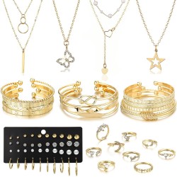 46-teiliges Goldschmuckset für Damen mit 5 Halsketten, 12 Armbändern, 5 Creolen, 15 Ohrsteckern und 9 Ringen. Schmuckset als Geschenk für Damen.