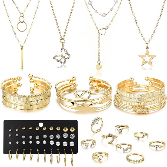 46-teiliges Goldschmuckset für Damen mit 5 Halsketten, 12 Armbändern, 5 Creolen, 15 Ohrsteckern und 9 Ringen. Schmuckset als Geschenk für Damen. 46-teiliges Goldschmuckset für Damen mit 5 Halsketten, 12 Armbändern, 5 Creolen, 15 Ohrsteckern und 9 Ringen. Schmuckset als Geschenk für Damen.