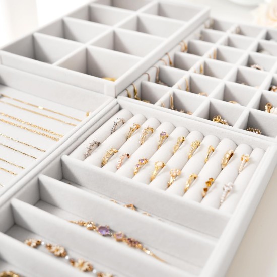 Samt-Schmuckschubladen-Organizer-Tabletts – weißes stapelbares Set mit Schmuckaufbewahrungseinsätzen, 4-lagiges Schmucktablett-Set für Ohrringe, Ringe, Halsketten, Armbänder mit herausnehmbaren Trennwänden für Kommode und Schminktisch