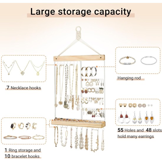 Mkono Hängender Schmuck-Organizer, wandmontierter Ohrringhalter, Halskettenhalter aus Metall, Holzregal mit 55 Löchern und 7 Haken, Präsentationsständer zur Aufbewahrung von Armbändern, Ringen, Ohrsteckern, Zubehör, Damenschlafzimmerdekoration