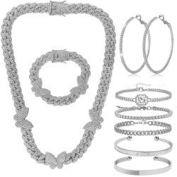 Kubanische Kette „Butterfly Miami Hip-Hop“, Strass-Schmetterlings-Halskette, Armband, Ohrringe, Schmuckset für Damen