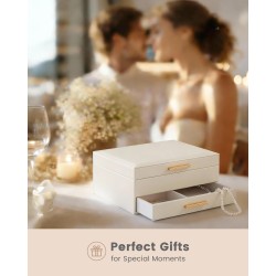 Lolalet 2-lagiger Schmuckkästchen-Organizer für Damen und Mädchen, Schmuck-Aufbewahrungsbox mit Schubladen für Halsketten, Ringe, Ohrringe, Armbanduhren, Geschenke für Galentines, Valentinstag, Freundin, Ehefrau – Beige