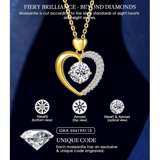 Beam & Bask Moissanit-Herzanhänger-Halsketten für Frauen, mit LIEBE graviert, Sterlingsilber mit 18-karätigem Gold überzogen, Jubiläums- und Geburtstagsschmuck für Ehefrau, Freundin, Mutter oder Sie