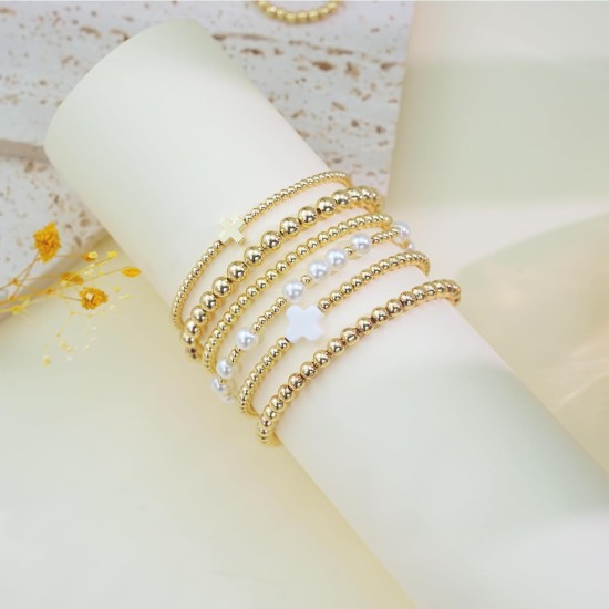 Goldarmbänder für Damenschmuck – Osterkörbchen, Kreuz-/Perlen-/Perlenarmbänder-Set, zierliche 14-Karat-vergoldete Perlenarmbänder im Stapel, Geburtstags-Ostergeschenke für Frauen