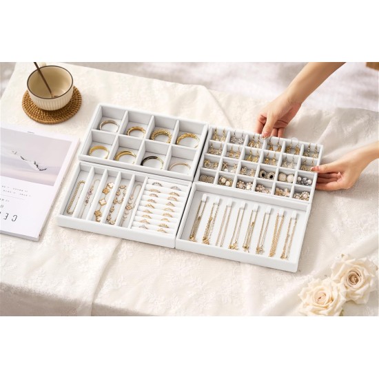 Samt-Schmuckschubladen-Organizer-Tabletts – weißes stapelbares Set mit Schmuckaufbewahrungseinsätzen, 4-lagiges Schmucktablett-Set für Ohrringe, Ringe, Halsketten, Armbänder mit herausnehmbaren Trennwänden für Kommode und Schminktisch