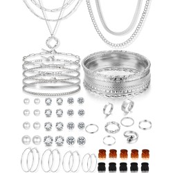 YEEZII 56-teiliges Goldschmuckset für Damen mit 5-teiliger mehrlagiger Halskette, 5-teiliger mehrlagiger Halskette, 12 Armbändern, 4 Creolen, 8 stapelbaren Ringen, 10 Haarnadeln und 12 Ohrsteckern. Schmuckset für Frauen