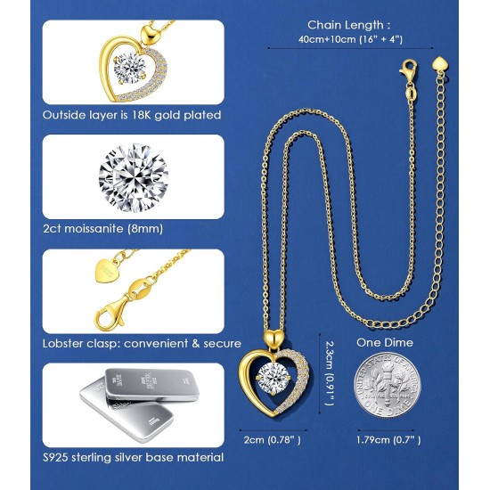 Beam & Bask Moissanit-Herzanhänger-Halsketten für Frauen, mit LIEBE graviert, Sterlingsilber mit 18-karätigem Gold überzogen, Jubiläums- und Geburtstagsschmuck für Ehefrau, Freundin, Mutter oder Sie