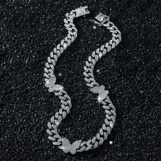 Kubanische Kette „Butterfly Miami Hip-Hop“, Strass-Schmetterlings-Halskette, Armband, Ohrringe, Schmuckset für Damen