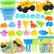 Beach Toys, Sand Toys for Kids Boys and Girls with 2 Construction Vehicle, 2 Collapsible Bucket, Sand Castle Building Kit, Sand Molds, Mesh Bag, Outdoor Toys for Kids Ages 4-8