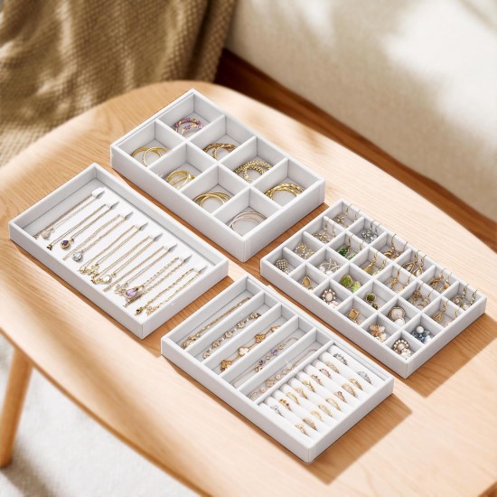 Samt-Schmuckschubladen-Organizer-Tabletts – weißes stapelbares Set mit Schmuckaufbewahrungseinsätzen, 4-lagiges Schmucktablett-Set für Ohrringe, Ringe, Halsketten, Armbänder mit herausnehmbaren Trennwänden für Kommode und Schminktisch