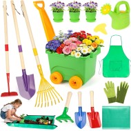 Gartenset für Kinder, Outdoor-Spielzeug mit Schubkarre und Gartenwerkzeugen, Gartenset für Kleinkinder mit Umtopfmatte, Handschuhen, Schürze, Gießkanne, Rollenspiel-Lernspielzeug für Kinder Jungen und Mädchen von 3–8 Jahren